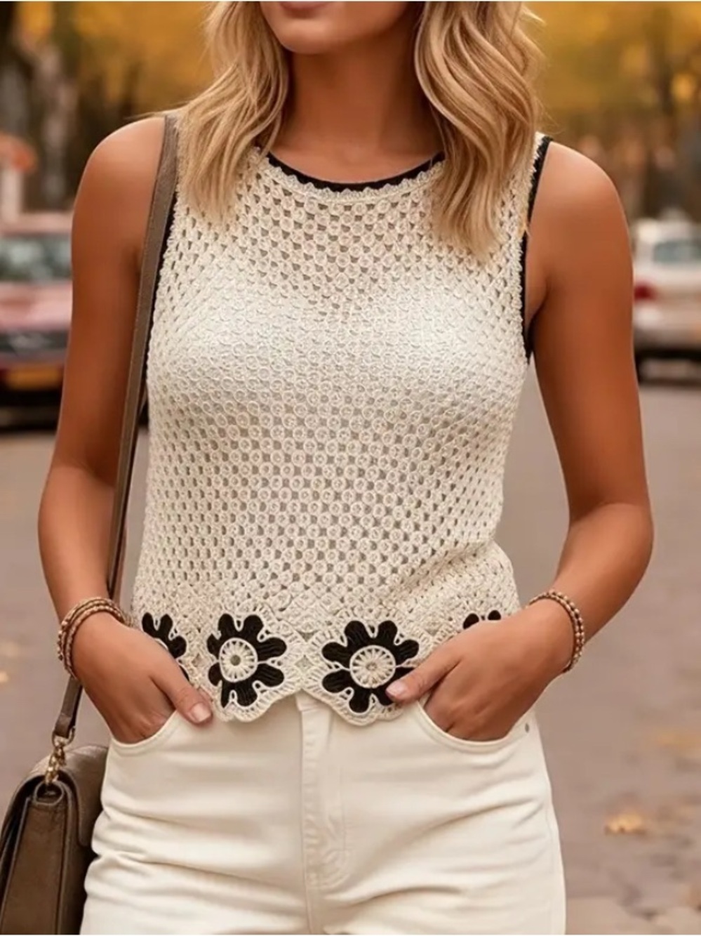 FLORAL Crochet Tank Top with Scallop Hem - Cream/Black